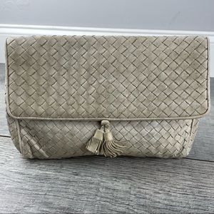 Vintage Bottega Veneta Leather Woven Clutch with Fringe Accent